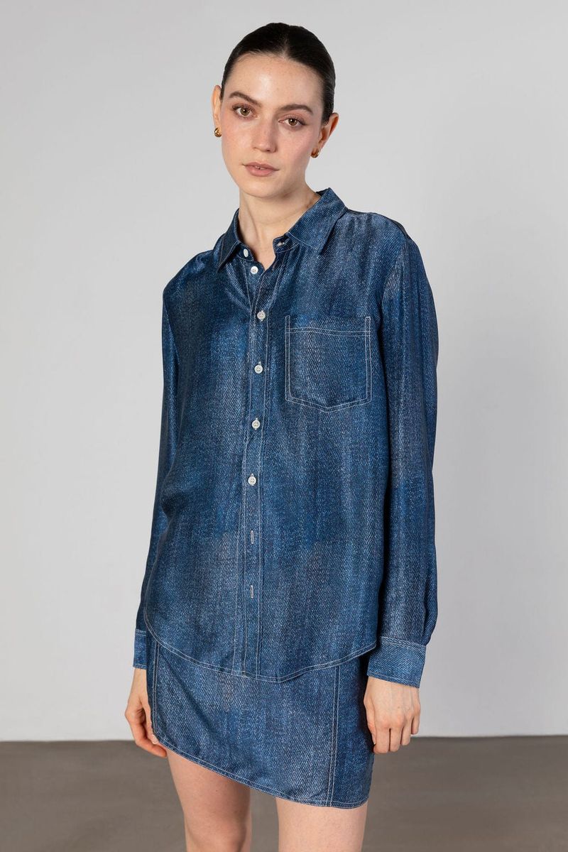 Denim Print Silk Mini Skirt