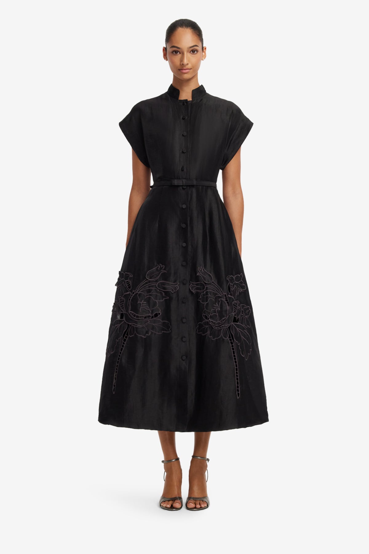 leo lin shirt dress Aubrey Applique Midi - Size US8/AU12 - Ebony - Women's Dresses Cocktail Dry clean only Front Elliatt Zara Flower Appliqué Size Alpha:UK-XXL [label] Final Sale
