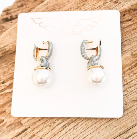 Pave Link Hinge Pearl Drop Earrings