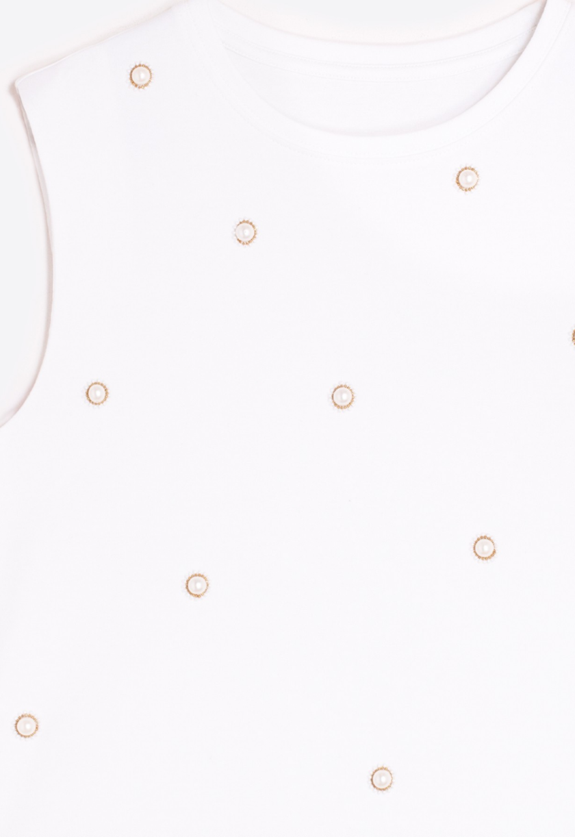 Crew Neck Sleeveless Top With Pearls