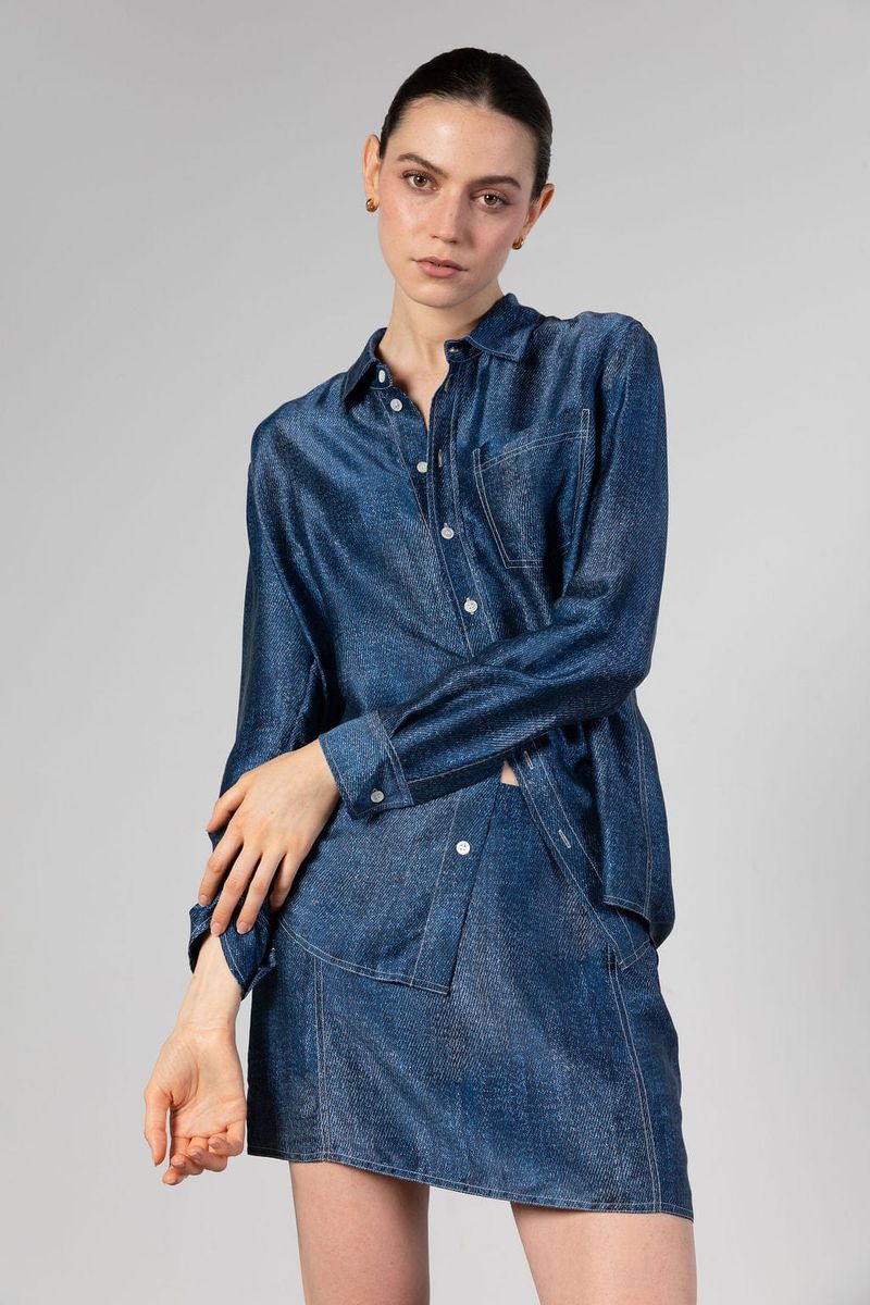 Denim Print Silk Mini Skirt