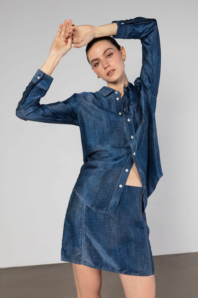 Denim Print Silk Mini Skirt