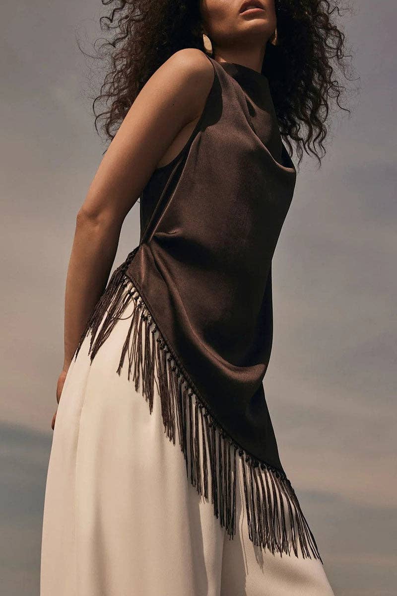 Zella Satin Mock Neck Fringe Tank