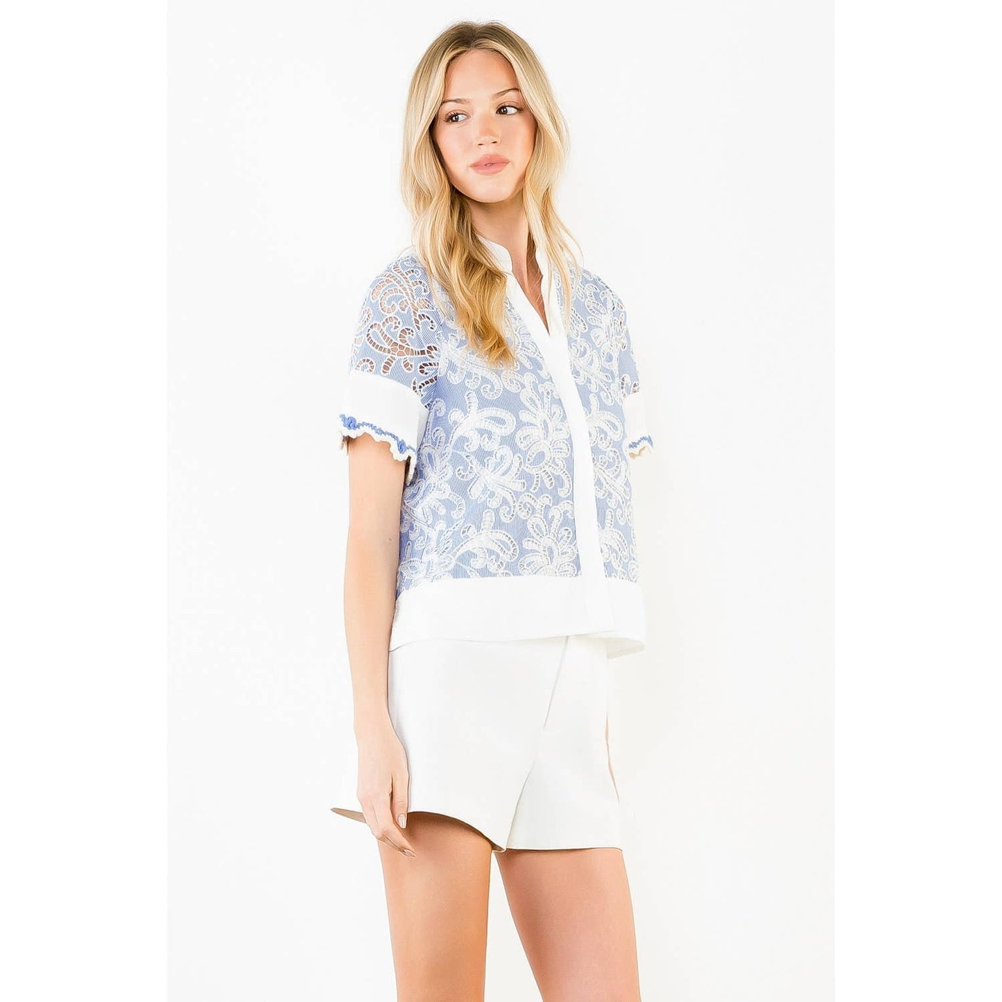 Alison Short Sleeve Lace Detailing V-Neck Top