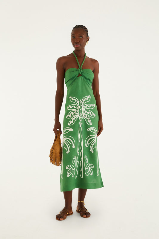 Green Palm Tree Embroidery Sleeveless Midi Dress