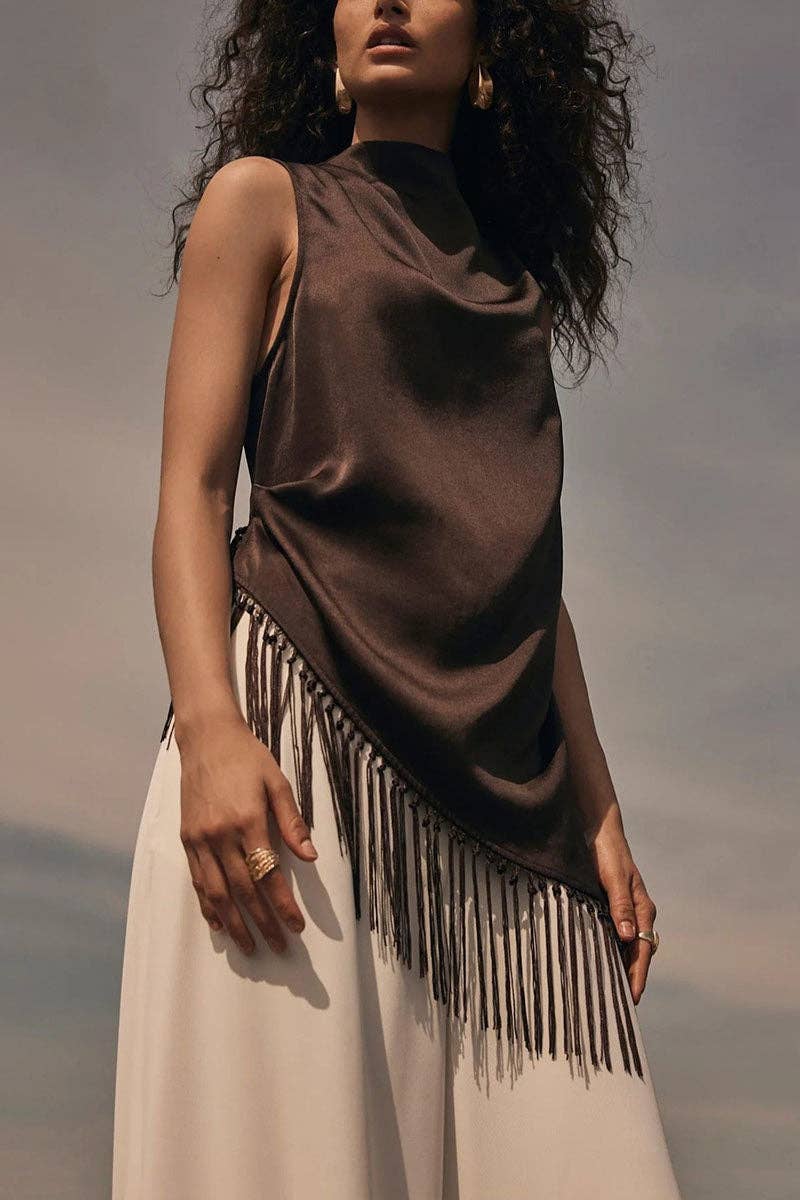 Zella Satin Mock Neck Fringe Tank