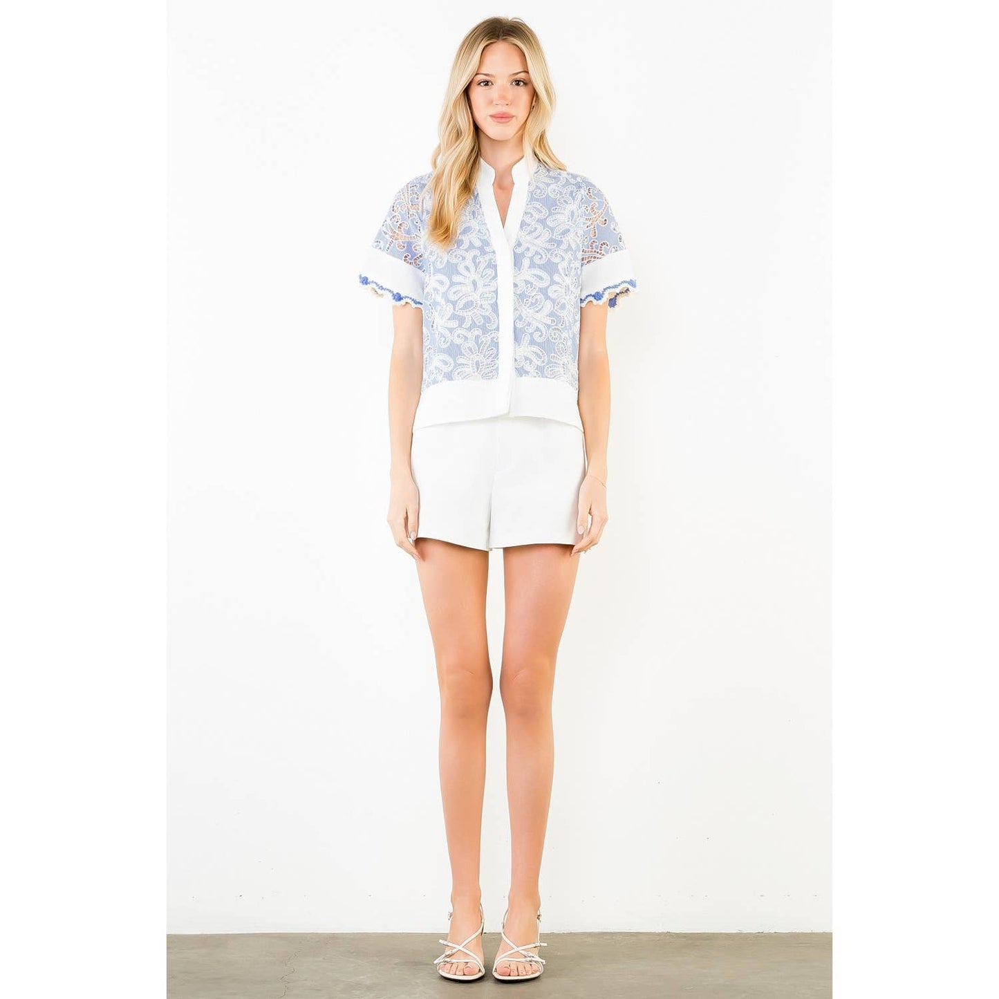 Alison Short Sleeve Lace Detailing V-Neck Top