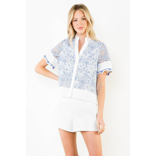 Alison Short Sleeve Lace Detailing V-Neck Top