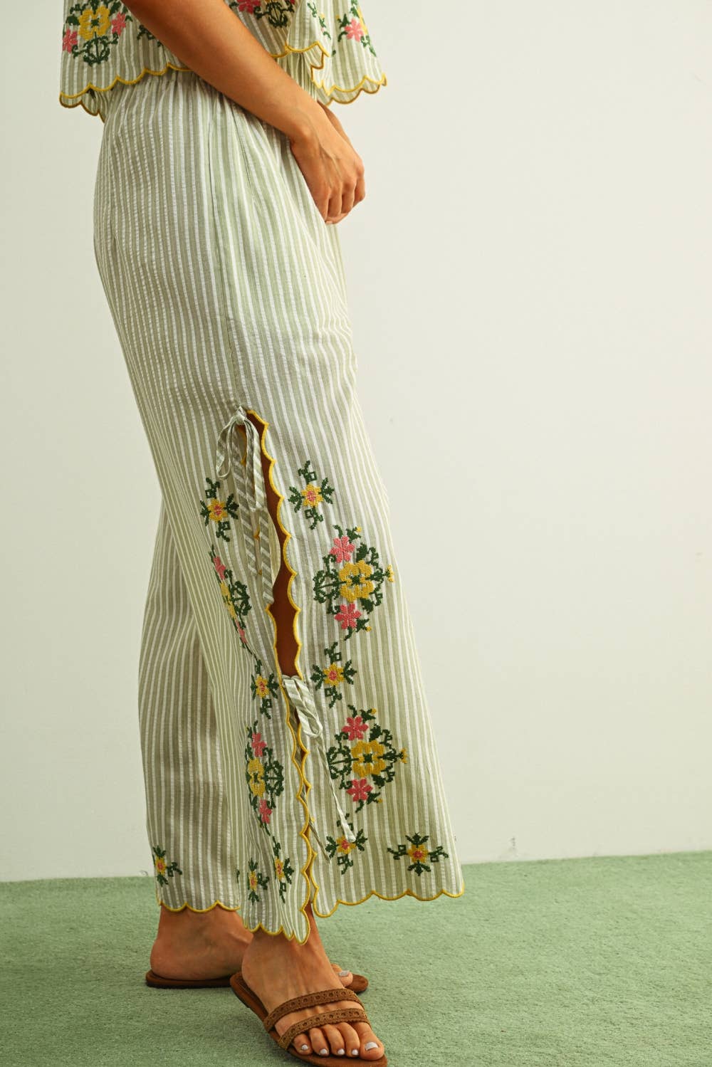 Lola Floral Embroidery Striped Pants