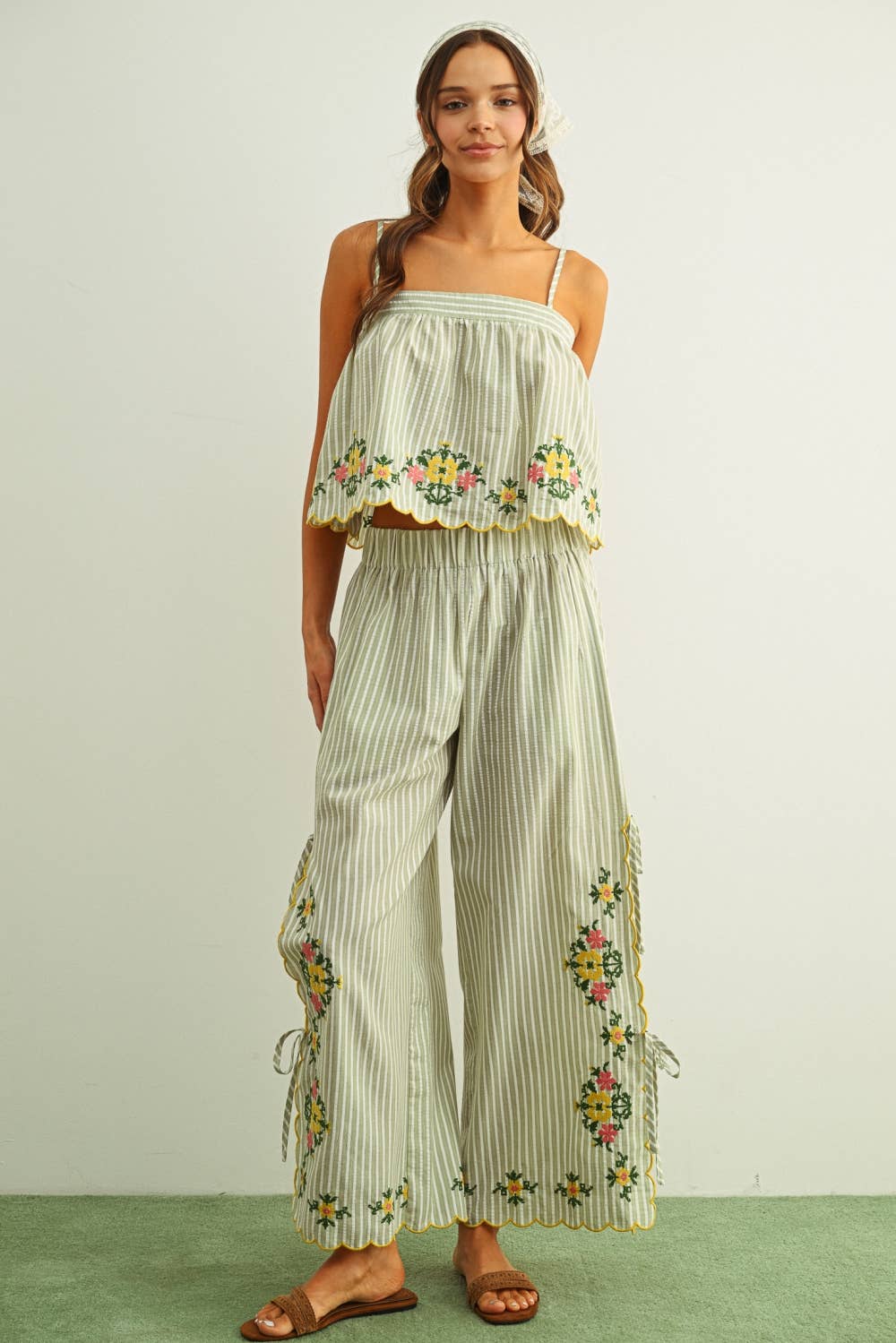 Lola Floral Embroidery Striped Pants