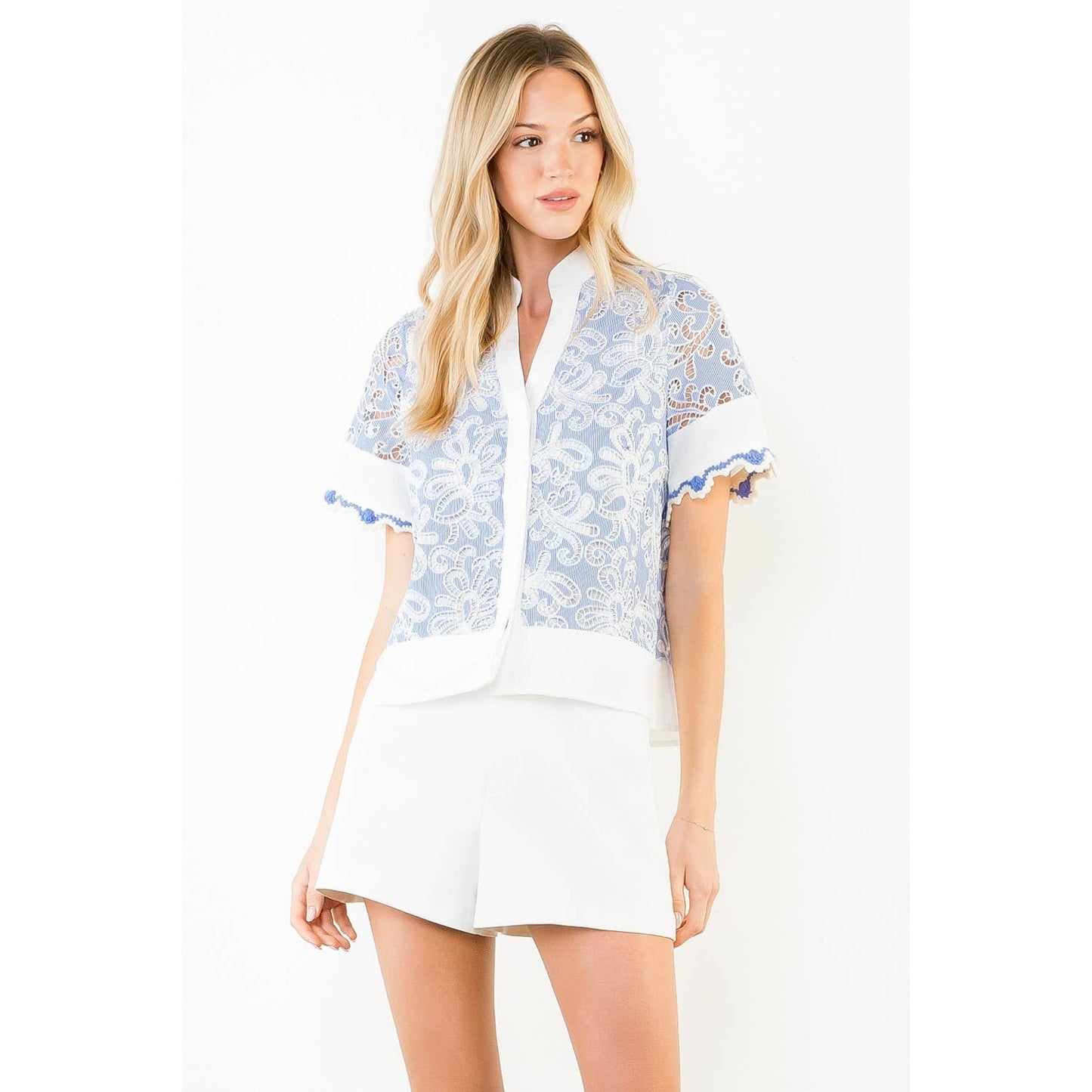 Alison Short Sleeve Lace Detailing V-Neck Top