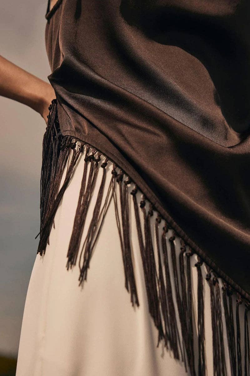 Zella Satin Mock Neck Fringe Tank