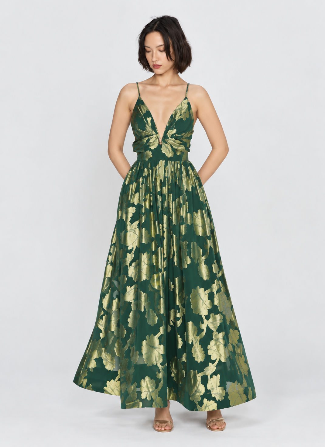 Sloane Metallic Jacquard Plunge Neck Maxi Dress