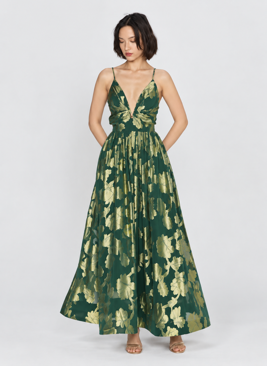 Sloane Metallic Jacquard Plunge Neck Maxi Dress