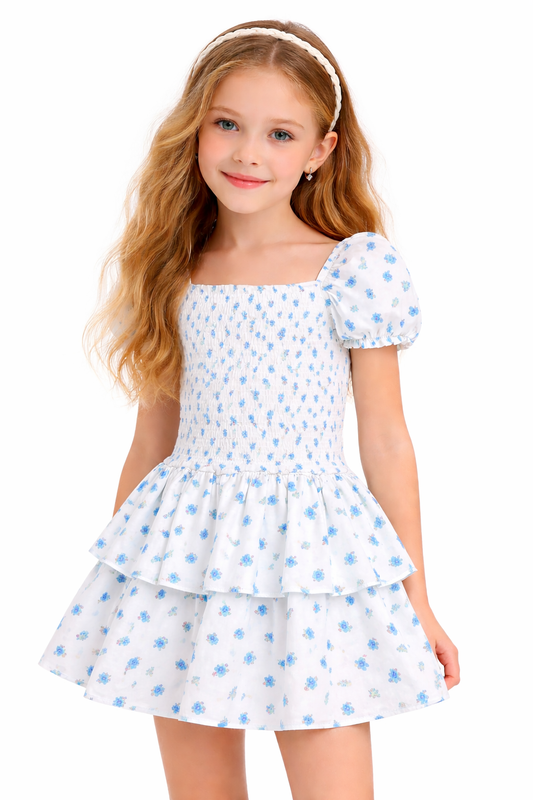 Girls Lexi Satin Smocked Short Sleeve Ruffle Dress