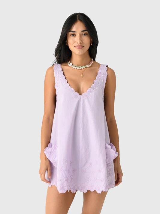 Poplin Low Back Dress with Cord Floral Embroidery