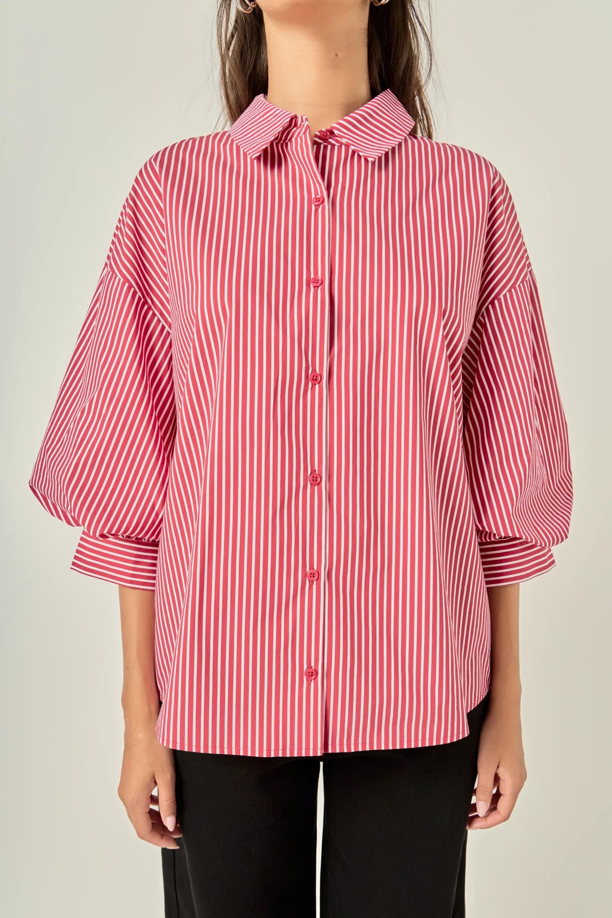Striped Button-Up Puff Sleeve Shirt