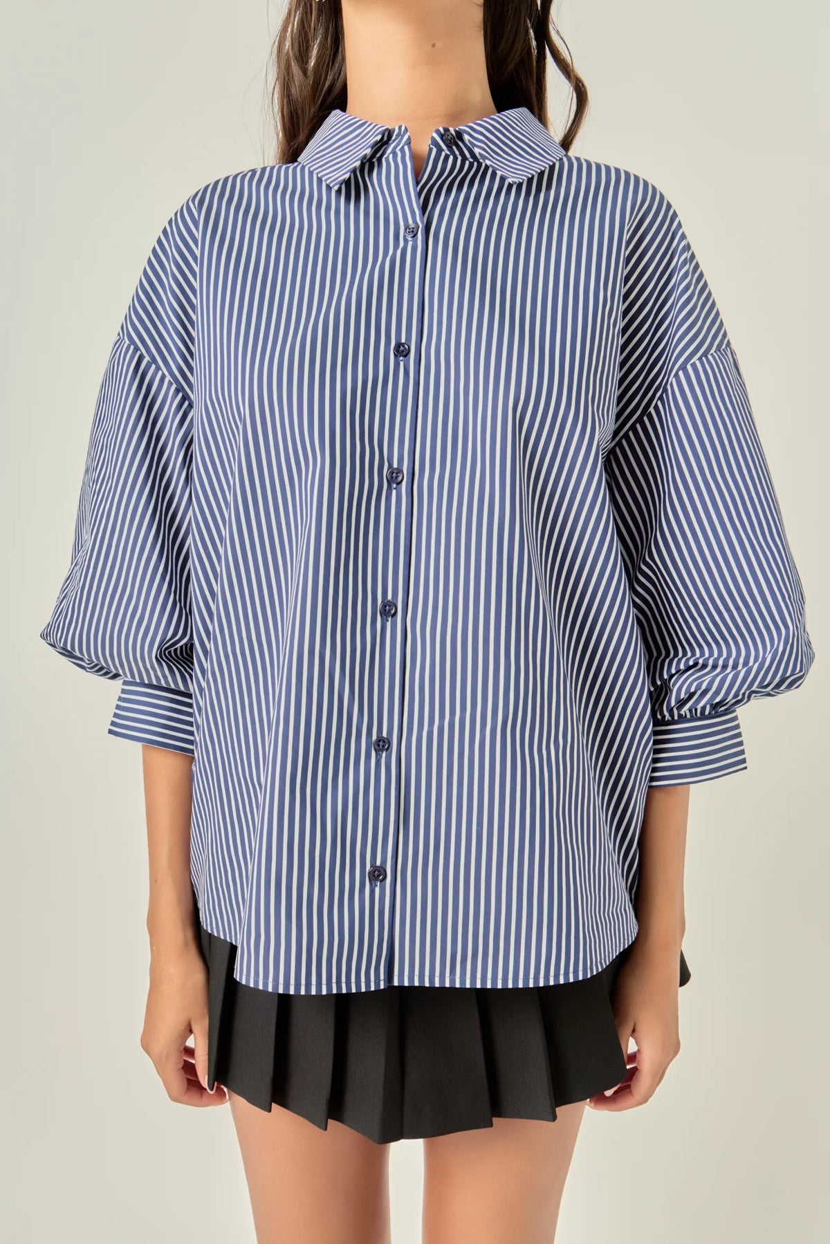 Striped Button-Up Puff Sleeve Shirt