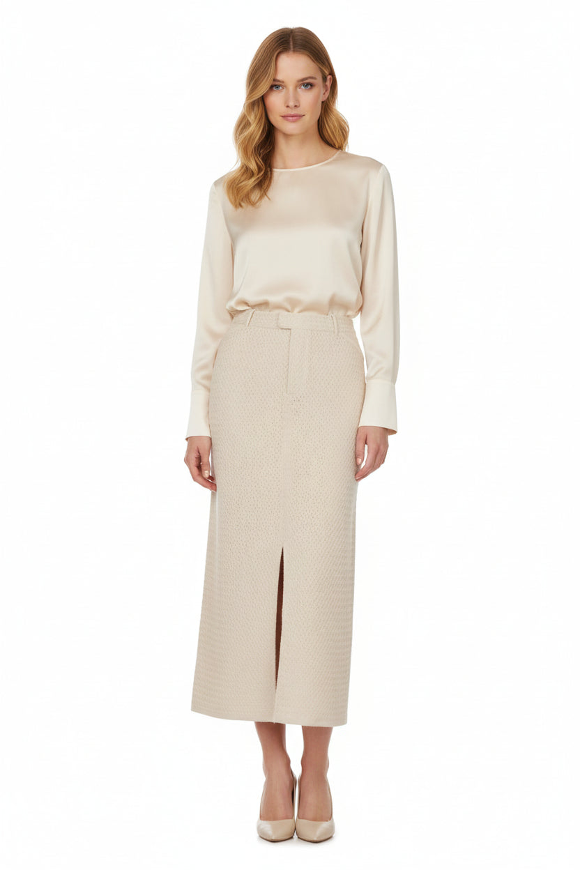 Cotton Cashmere Basketweave Tailored Long Skirt