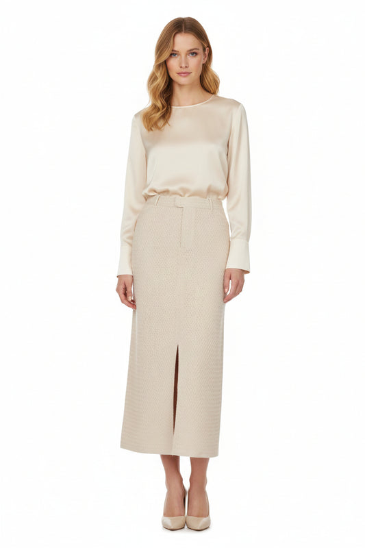 Cotton Cashmere Basketweave Tailored Long Skirt