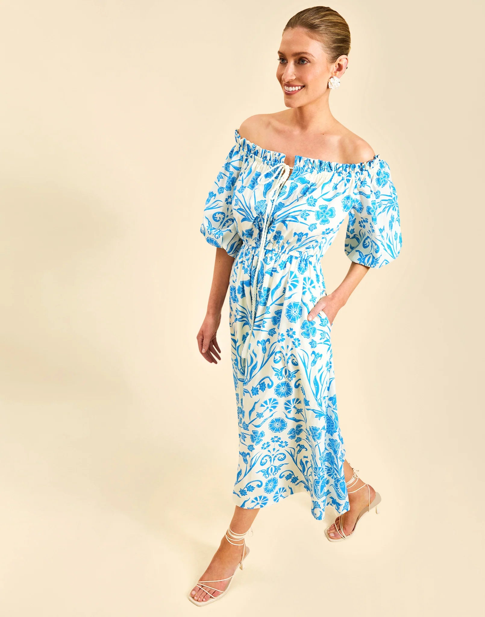 mestiza dresses Galena Tea Length Dress L / La Botanica Blue Boasting a multi Torero Gown in Blue &