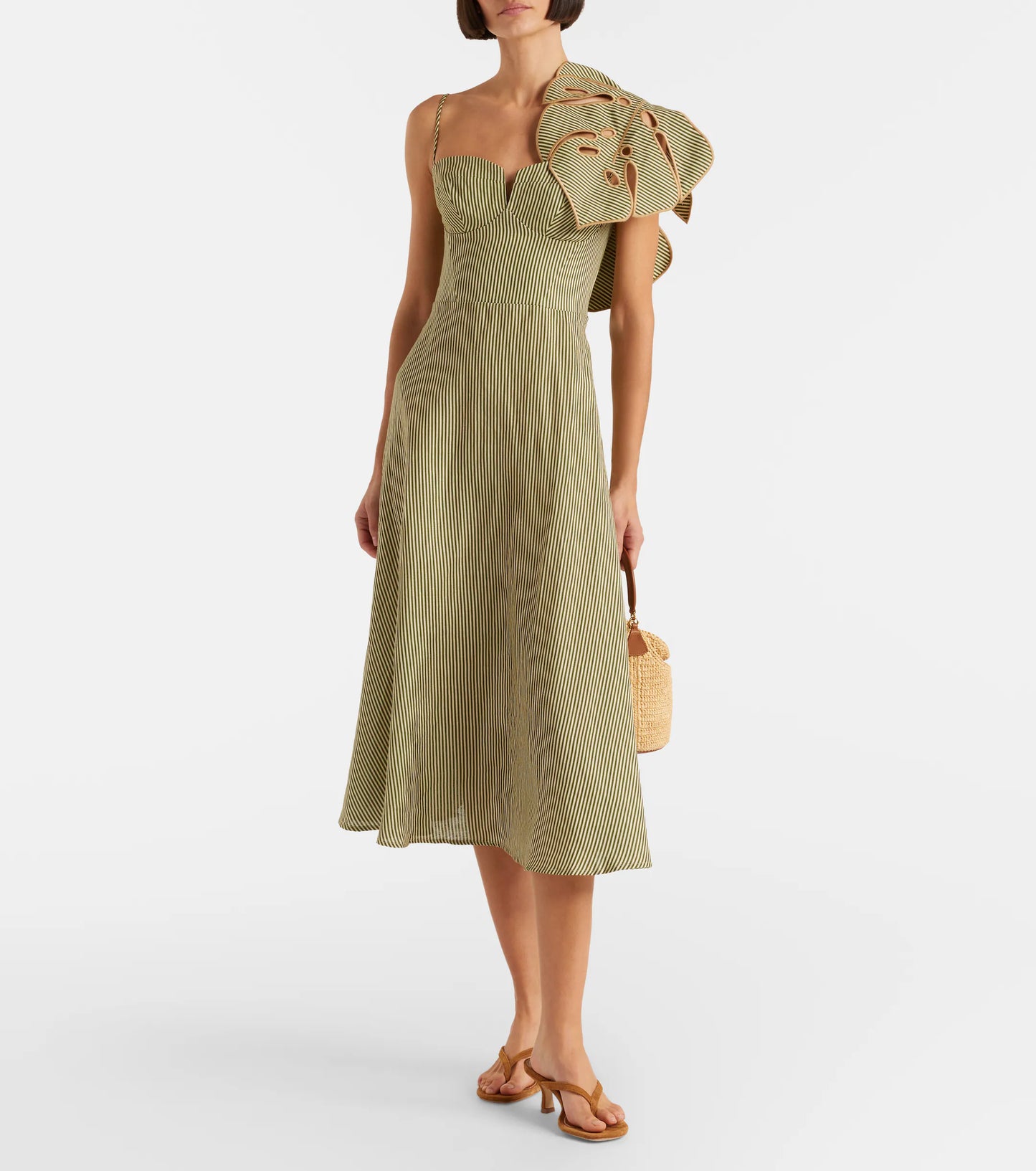 Striped Monstera Leaf Midi Dress