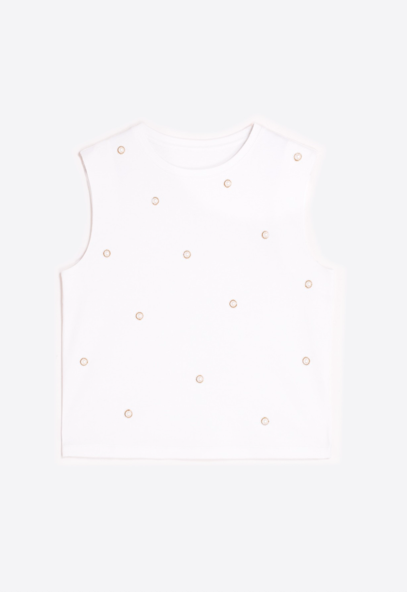 Crew Neck Sleeveless Top With Pearls