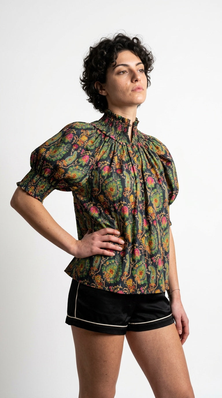 Gathered Neck Button Down Top