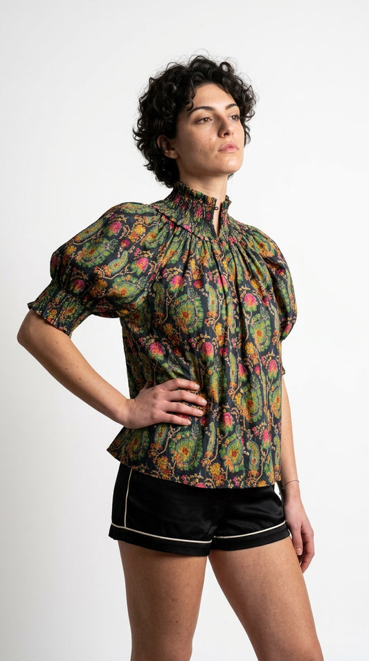 Gathered Neck Button Down Top