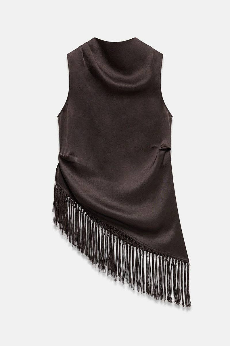 Zella Satin Mock Neck Fringe Tank