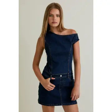 Asymmetrical Shoulder Denim Dress