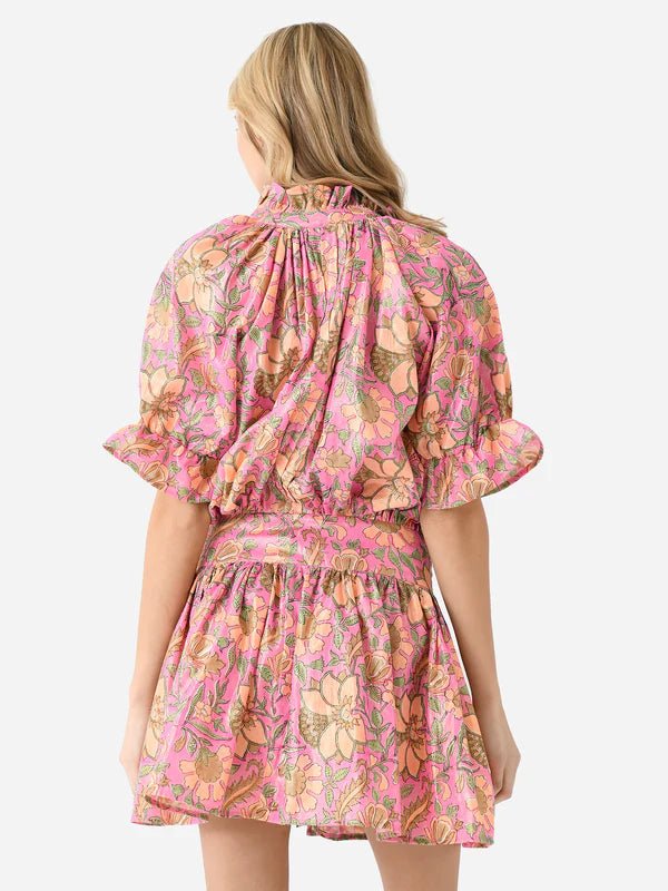 Lamé Blouson Dress with Floral Print - Frock Shop