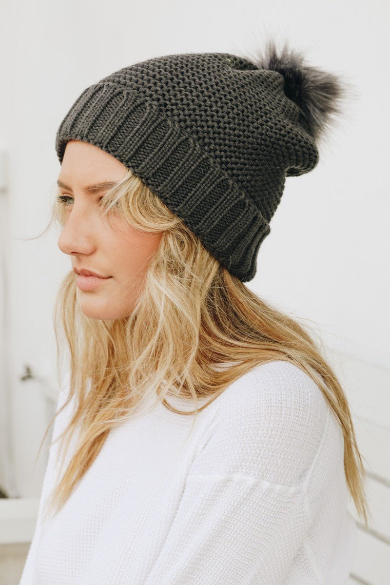 Pom Beanie with Faux Sherpa Lining - Frock Shop